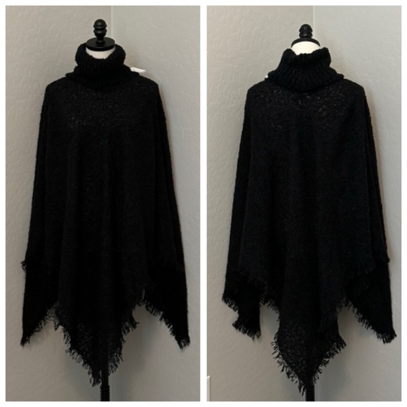 Accessories - NEW COWL NECK ONE SIZE BLACK FRINGE LIGHTWEIGHT PULL OVER PONCH SHAWL CAPE